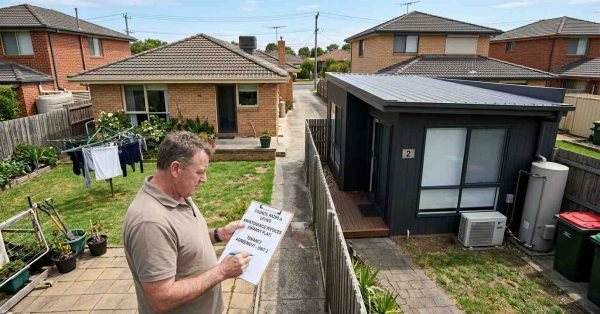 Australian homeowner reviewing granny flat issues including limited backyard space and reduced privacy between dwellings