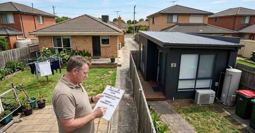 Australian homeowner reviewing granny flat issues including limited backyard space and reduced privacy between dwellings