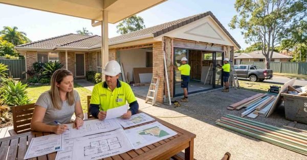 Australian garage being converted into granny flat while homeowner reviews council approval documents with consultant