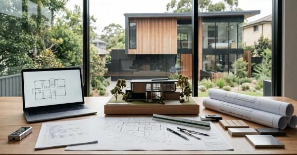 Architectural plans and a contemporary Australian home representing the Complying Development Certificate approval process before residential construction begins.