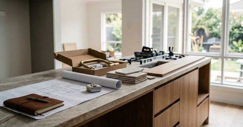 Architectural floor plans with a leather journal, tape measure, tile samples, brass tapware in an open box, and installation tools on a marble kitchen island under renovation.