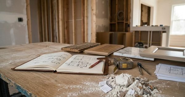 Open renovation planning journal with floor plan sketches, measuring tape, drafting compass, wood flooring samples, marble slab, cabinet door swatch, and drywall debris on a wooden workbench in an unfinished room.