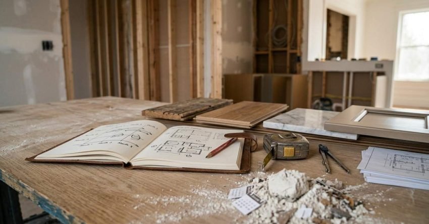Open renovation planning journal with floor plan sketches, measuring tape, drafting compass, wood flooring samples, marble slab, cabinet door swatch, and drywall debris on a wooden workbench in an unfinished room.