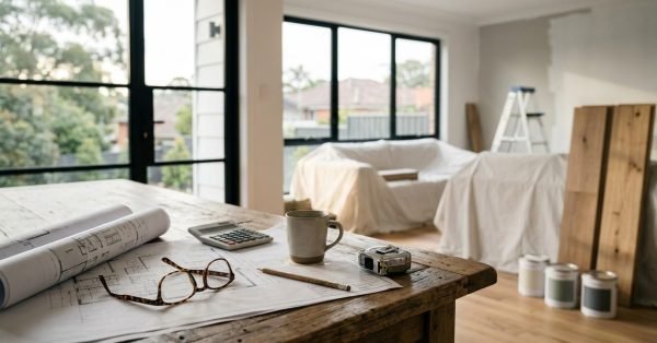 Architectural floor plan blueprints with reading glasses, a calculator, coffee mug, and measuring tape on a wooden table overlooking a living room undergoing renovation with drop cloths and paint cans.