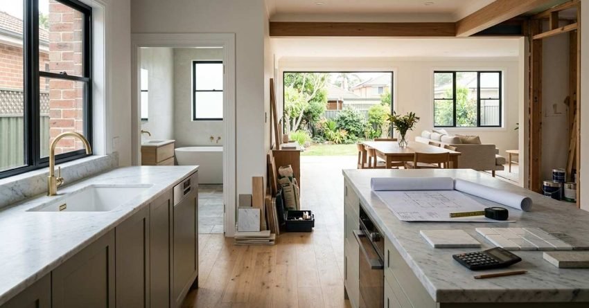 Sydney home renovation showing a modern kitchen, living area, renovated bathroom, and professional planning details representing the cost and scope of a 2026 house renovation.