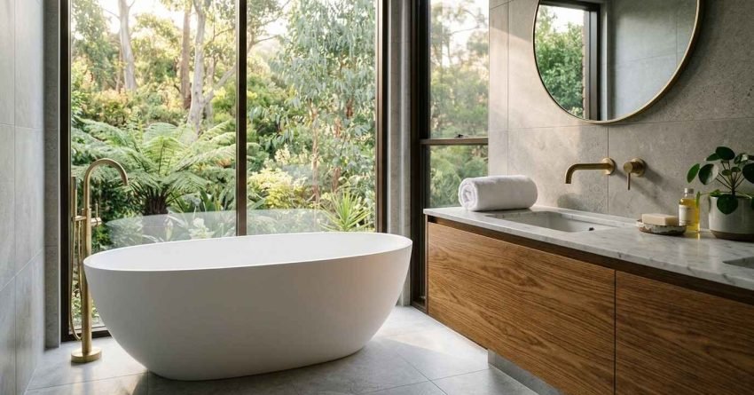 Modern modern luxury bathroom featuring a white soaking tub near floor-to-ceiling windows overlooking a lush forest, with a wooden vanity and brass fixtures.