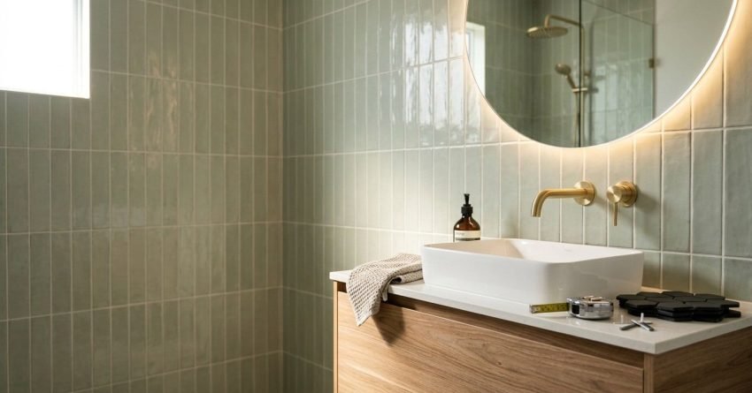 Modern bathroom vanity with a white vessel sink, brushed brass wall-mounted tapware, round backlit LED mirror, and timber cabinetry against sage green vertical subway tile walls.