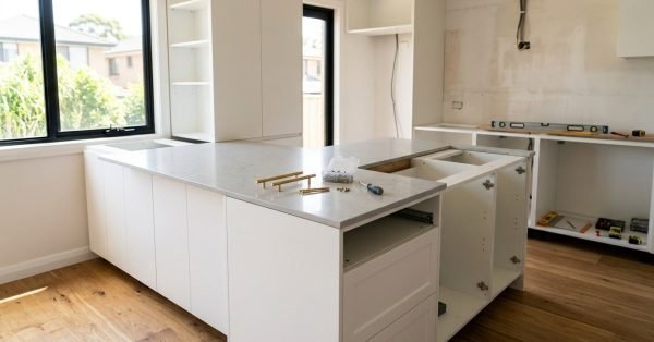 White kitchen island cabinetry undergoing installation with light grey quartz benchtops, brass T-bar handles, screws, and a screwdriver on the countertop, set on natural oak timber flooring.