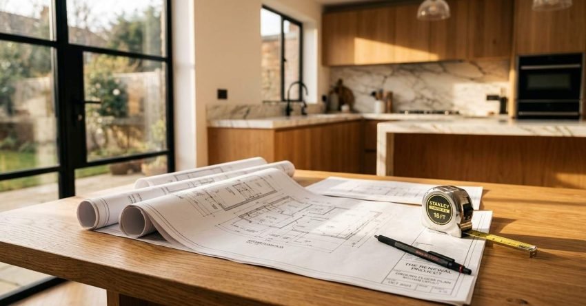 Architectural floor plan blueprints rolled out on a wooden table with a pen and tape measure, overlooking a modern open-plan kitchen and glass doors.