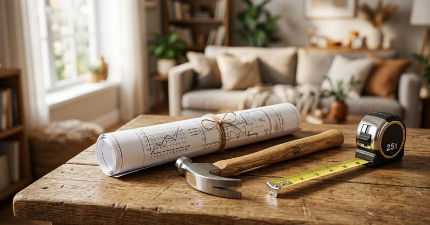 Rolled-up architectural floor plans with a printed line chart, a wooden-handled claw hammer, and a 25ft tape measure resting on a wooden table in a living room setting.
