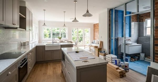 Sydney house renovation showing a modern kitchen, living area, partially completed bathroom, construction materials, and professional renovation work in progress.