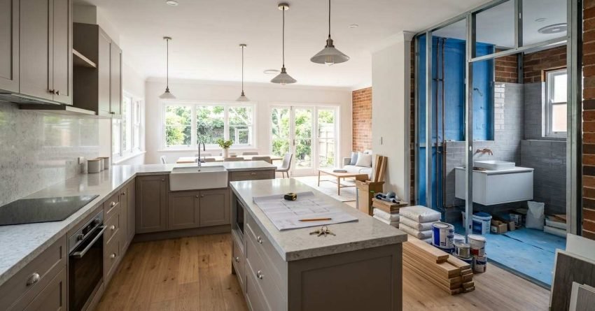 Sydney house renovation showing a modern kitchen, living area, partially completed bathroom, construction materials, and professional renovation work in progress.