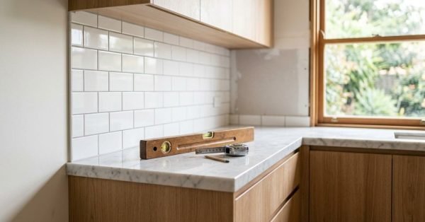 Kitchen splashback installation in progress featuring white gloss subway tiles, a wooden spirit level, measuring tape, and pencil resting on a polished marble countertop with natural oak cabinetry.