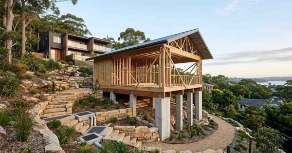 Modern granny flat under construction on a sloping Sydney block using an elevated pier and beam foundation with retaining walls and landscaped hillside surroundings.