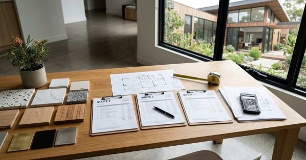 Renovation quotes, architectural plans, and material samples laid out on a desk to compare costs, scope, and pricing before choosing a contractor for an Australian home renovation.
