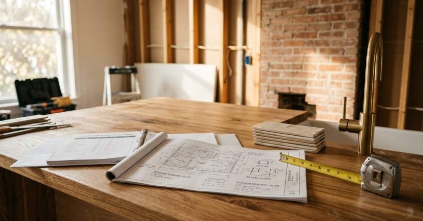 Kitchen remodeling blueprints, budget document binder, tape measure, tile samples, and a brass faucet on a wooden countertop in an exposed-frame construction site.