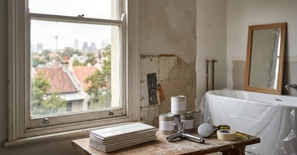 Bathroom renovation workbench with white subway tiles, paint cans, chrome faucet, shower head, and masking tape beneath a sash window overlooking a city skyline, with a protected bathtub in the background.