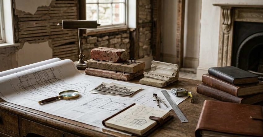 Historic building restoration workspace featuring architectural blueprints, vintage photographs, an open sketch notebook, magnifying glass, antique brick, timber samples, and decorative plaster moulding on a wooden desk.