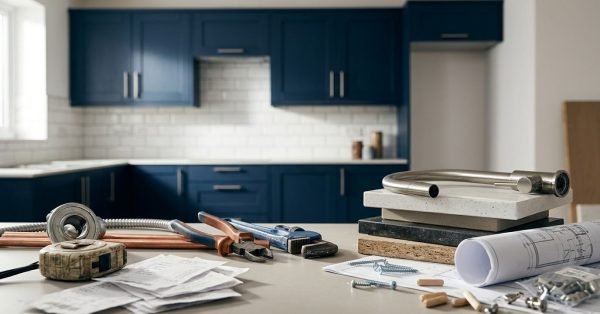 Kitchen renovation cost planning and plumbing rough-in stage showing receipts, copper pipe, pipe wrench, pliers, architectural blueprints, stone sample blocks, and a brushed nickel gooseneck tap with navy blue shaker cabinetry in the background.