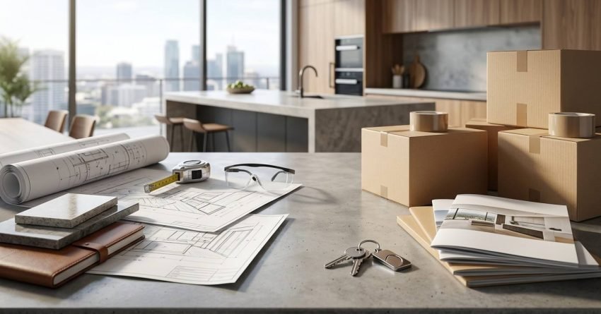 Tabletop arrangement comparing home renovation plans and relocation, featuring rolled blueprints, stone material samples, safety glasses, house keys, real estate brochures, and packed moving boxes inside a modern apartment with city skyline views.