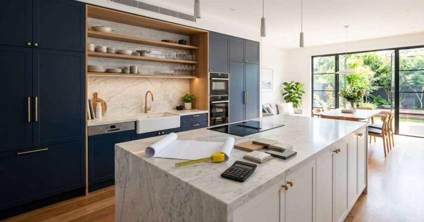 Premium renovated kitchen with custom cabinetry, stone island, integrated appliances, and practical finishes illustrating how a new kitchen can improve home value and investment appeal.