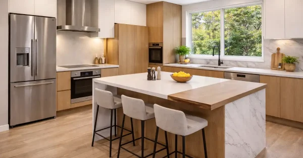Modern kitchen renovation showing engineered stone, timber and marble benchtop materials in a contemporary Sydney home.