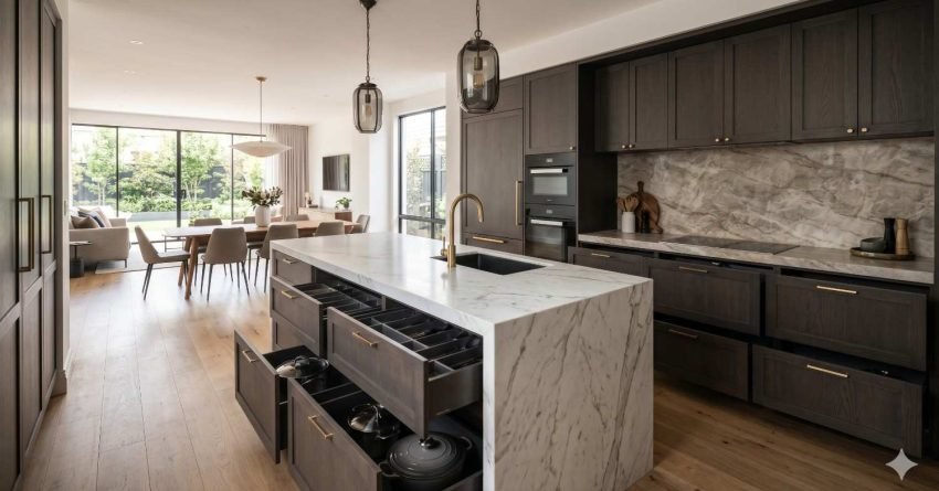 Modern kitchen with stone island, custom cabinetry, premium appliances and lighting showing features that increase home value