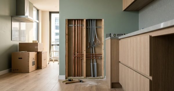 Kitchen renovation rough-in stage showing an open wall cavity with exposed vertical copper plumbing pipes and grey electrical conduits, alongside light timber cabinetry, measuring tape, hammer, and packaged appliance boxes.