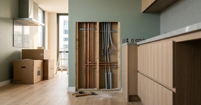 Kitchen renovation rough-in stage showing an open wall cavity with exposed vertical copper plumbing pipes and grey electrical conduits, alongside light timber cabinetry, measuring tape, hammer, and packaged appliance boxes.