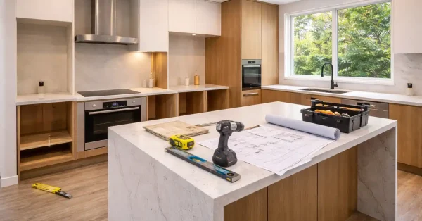 Modern kitchen renovation with new cabinets, appliances and stone benchtops during a Sydney home remodel.