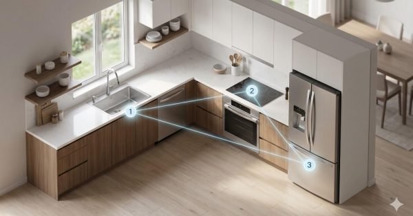 Kitchen layout showing work triangle between sink, stove and refrigerator with highlighted workflow lines