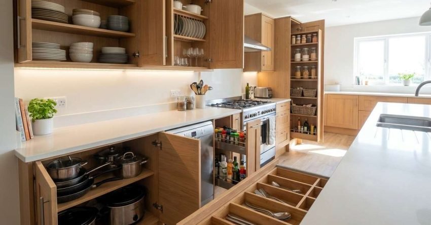 Organized kitchen cupboards with dishes cookware and utensils arranged by function and accessibility