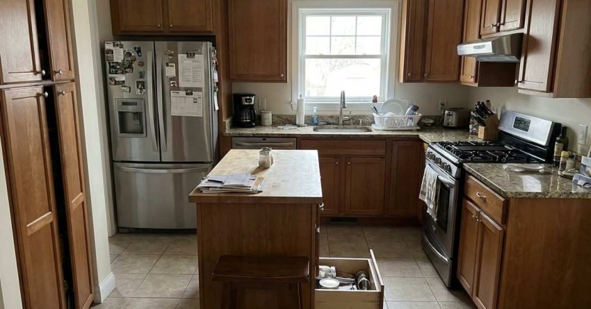 Kitchen with poor layout showing tight space blocked workflow and cabinet access issues
