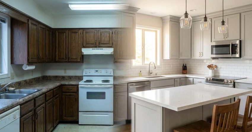 Before and after kitchen renovation showing outdated kitchen transformed into modern mid range design with island and new cabinets