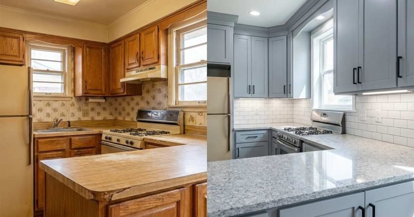 Before and after kitchen showing old cabinets updated with new paint hardware backsplash and lighting
