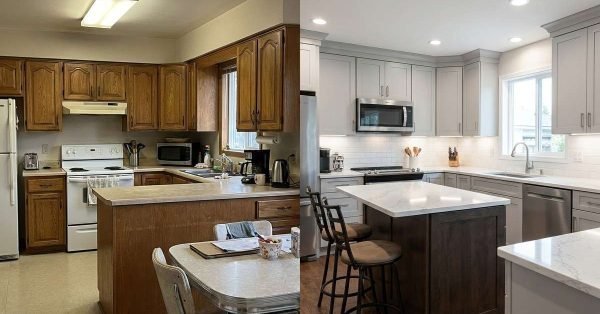 Before and after kitchen remodel showing outdated kitchen upgraded to modern mid range design with cabinets and countertops