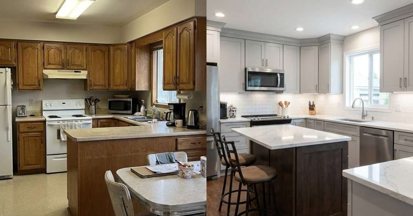 Before and after kitchen remodel showing outdated kitchen upgraded to modern mid range design with cabinets and countertops