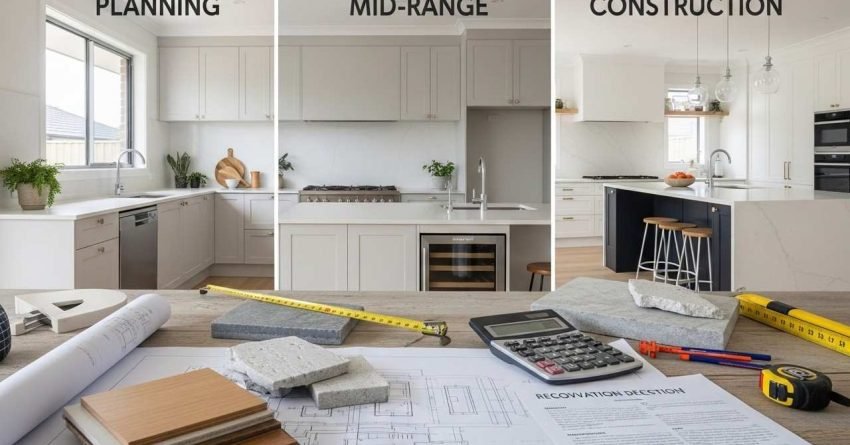 Kitchen renovation planning scene with materials and different kitchen finishes representing budget mid range and high end costs in Australia