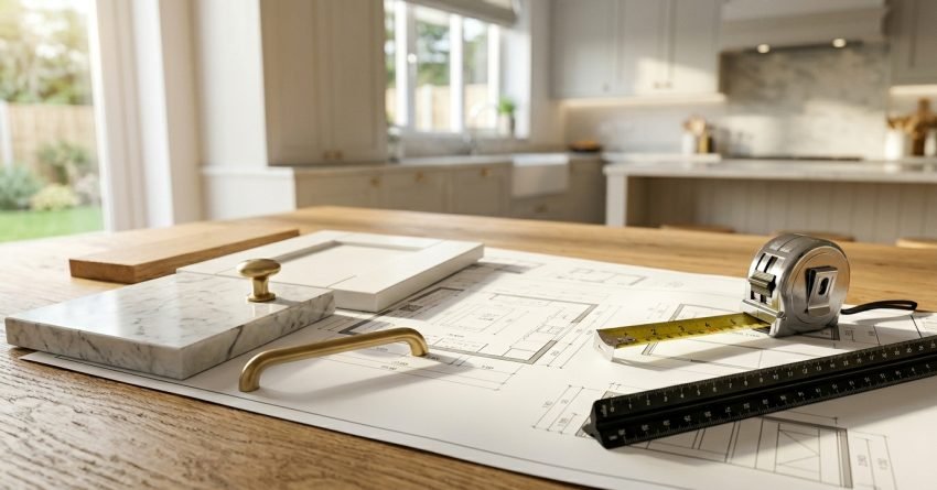 Kitchen renovation plans with cabinet samples, hardware, and measuring tools laid out on a table in front of a modern kitchen.