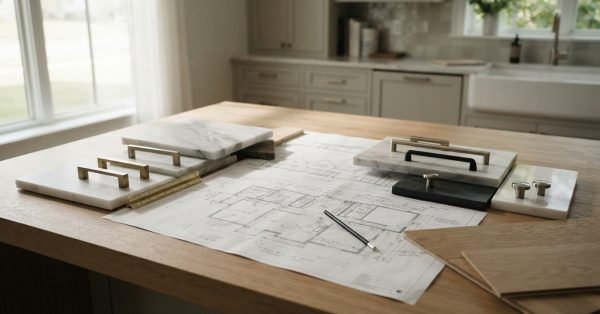 Kitchen renovation plans with blueprints, countertop samples, cabinet hardware, and wood finishes displayed on a kitchen island for design selection.