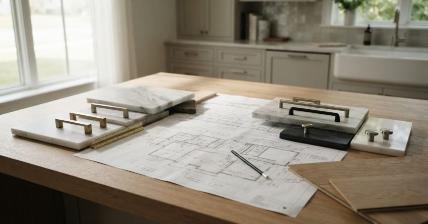 Kitchen renovation plans with blueprints, countertop samples, cabinet hardware, and wood finishes displayed on a kitchen island for design selection.