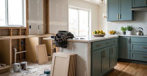 Kitchen renovation versus kitchen refresh showing major cabinet installation and structural remodeling work.