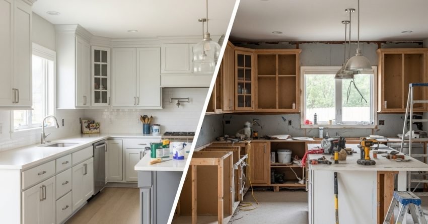 Split kitchen showing renovation with updated surfaces and remodel with structural changes and construction work