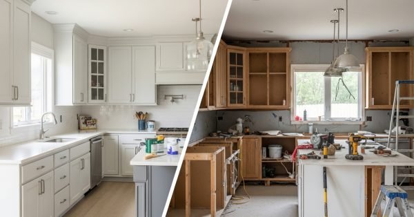 Split kitchen showing renovation with updated surfaces and remodel with structural changes and construction work
