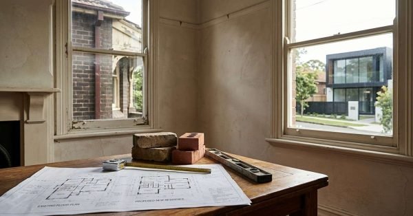 Architectural plans showing existing and proposed home layouts on a wooden table with bricks, a level, and a tape measure, inside an aged house overlooking an older brick home and a new modern build across the street.