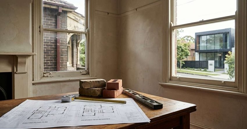 Architectural plans showing existing and proposed home layouts on a wooden table with bricks, a level, and a tape measure, inside an aged house overlooking an older brick home and a new modern build across the street.