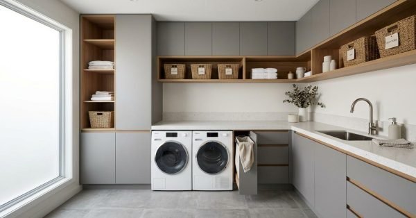 Contemporary Australian laundry featuring custom cabinetry, overhead storage, timber shelving, and engineered stone benchtops designed for stylish, durable, and space-efficient organisation.