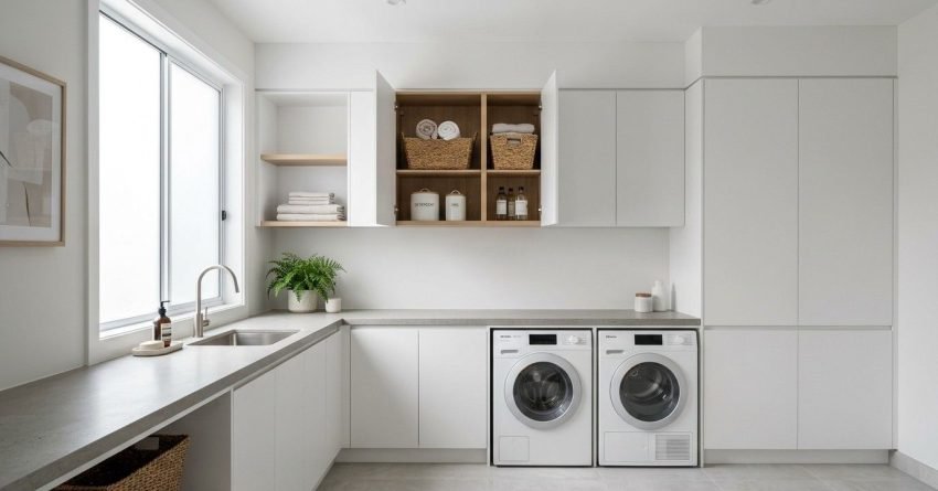 Modern Australian laundry with custom overhead cabinets extending to the ceiling above a stone benchtop and front-loading appliances, maximising vertical storage with a clean built-in design.