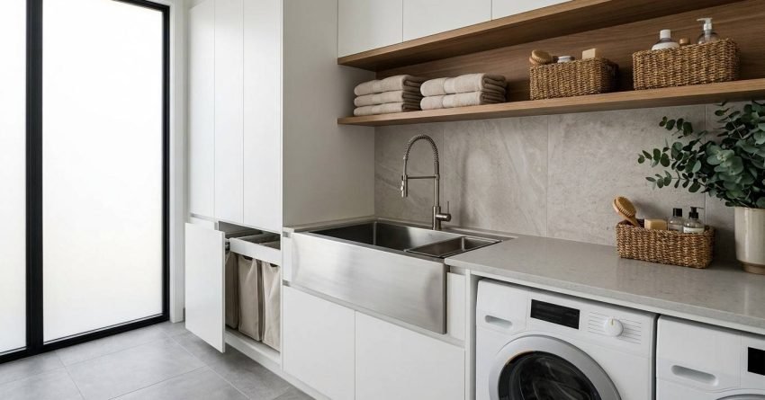 Modern Australian laundry featuring a deep utility trough sink, custom cabinetry, engineered stone benchtop, and premium storage solutions designed for a stylish and functional laundry room.