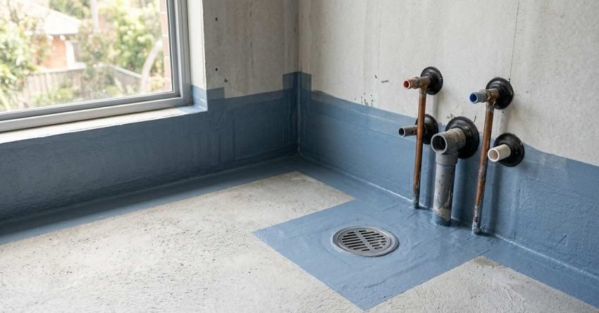Professionally waterproofed residential laundry room showing waterproof membrane applied to the floor and lower walls before tiling during a Sydney home renovation.